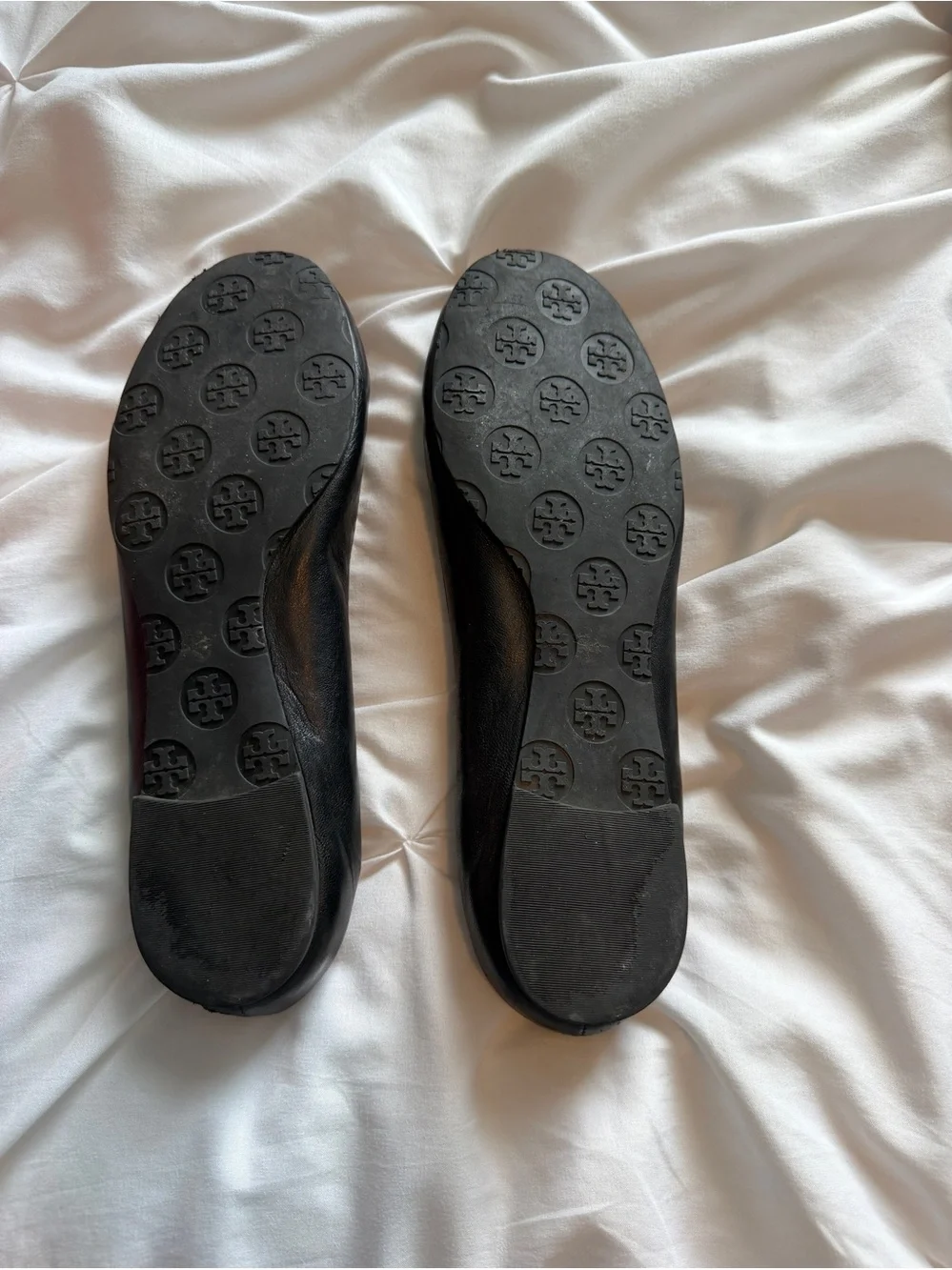 Tory Burch Black Leather Logo Ballet Flats with Gold Medallions